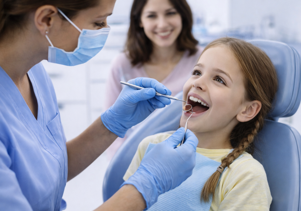 Kids dentistry visit in Oakville with dentist gently examining child’s teeth in a friendly modern clinic