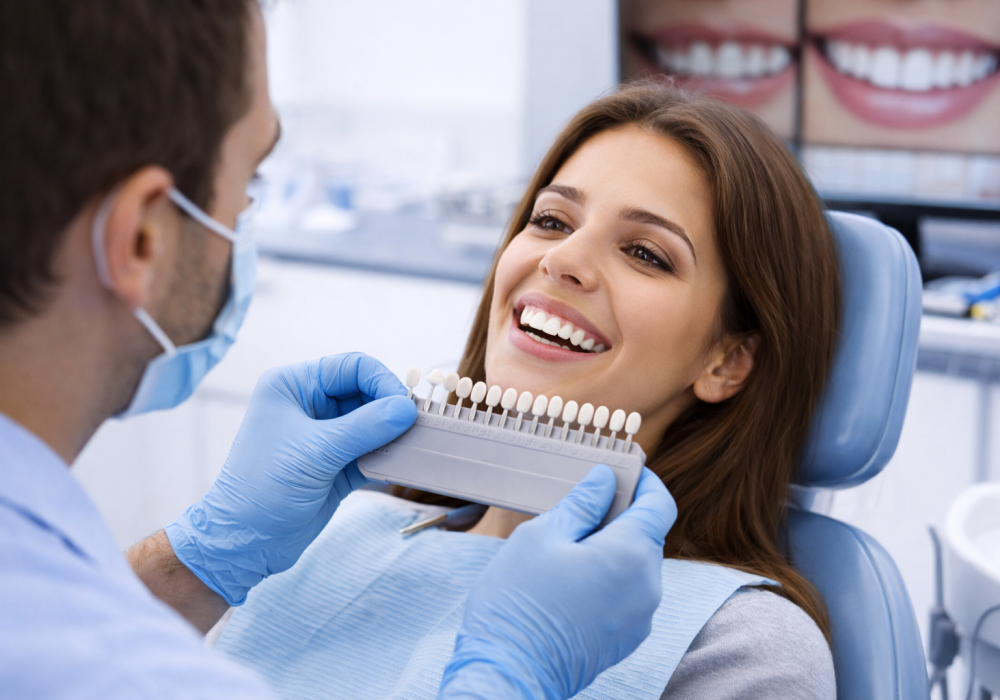 Porcelain veneers consultation in Oakville with dentist matching shade for natural-looking smile enhancement