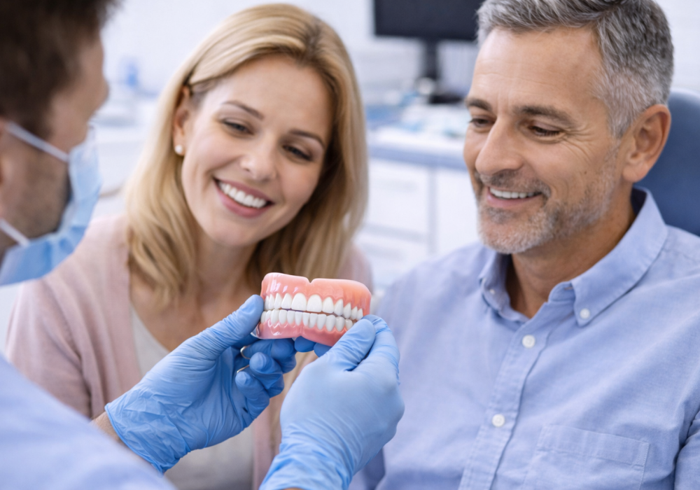 Dentures consultation in Oakville with dentist showing full set of natural-looking dentures to patient in modern clinic