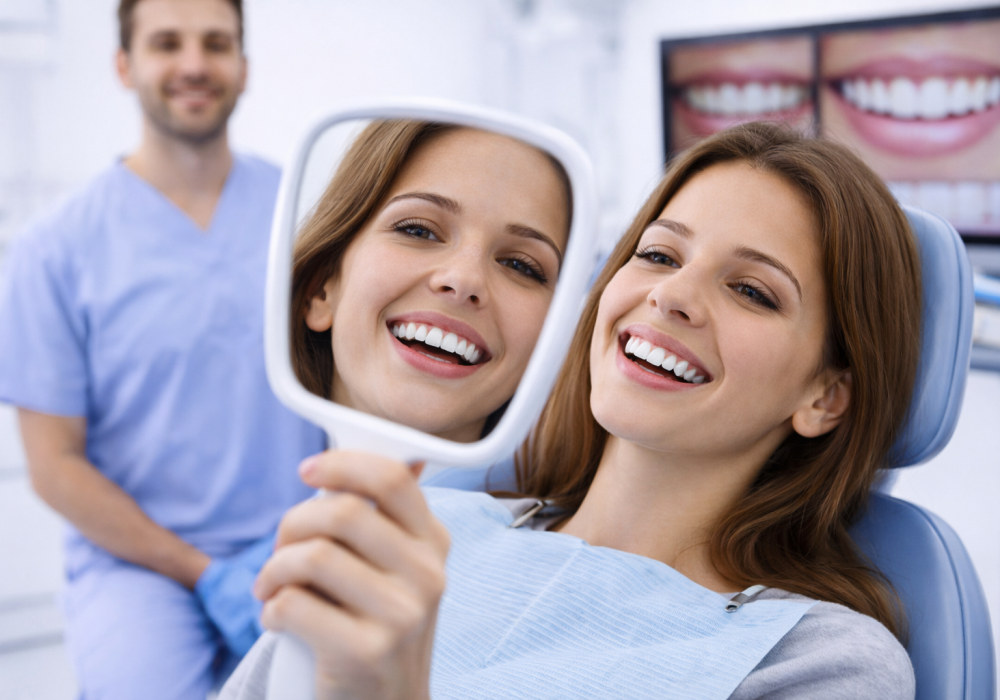 Smile makeover results in Oakville showing patient with bright, straight teeth after cosmetic dental treatment in modern clinic